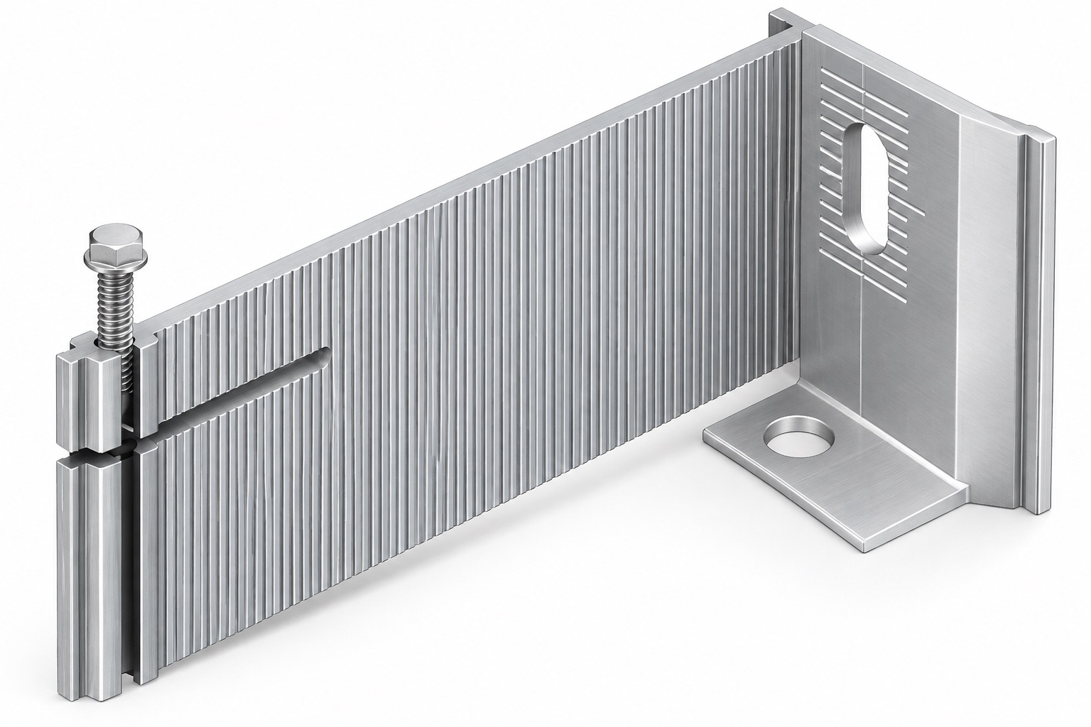 Ribbed aluminium bracket assembly with washer and channel, studio view