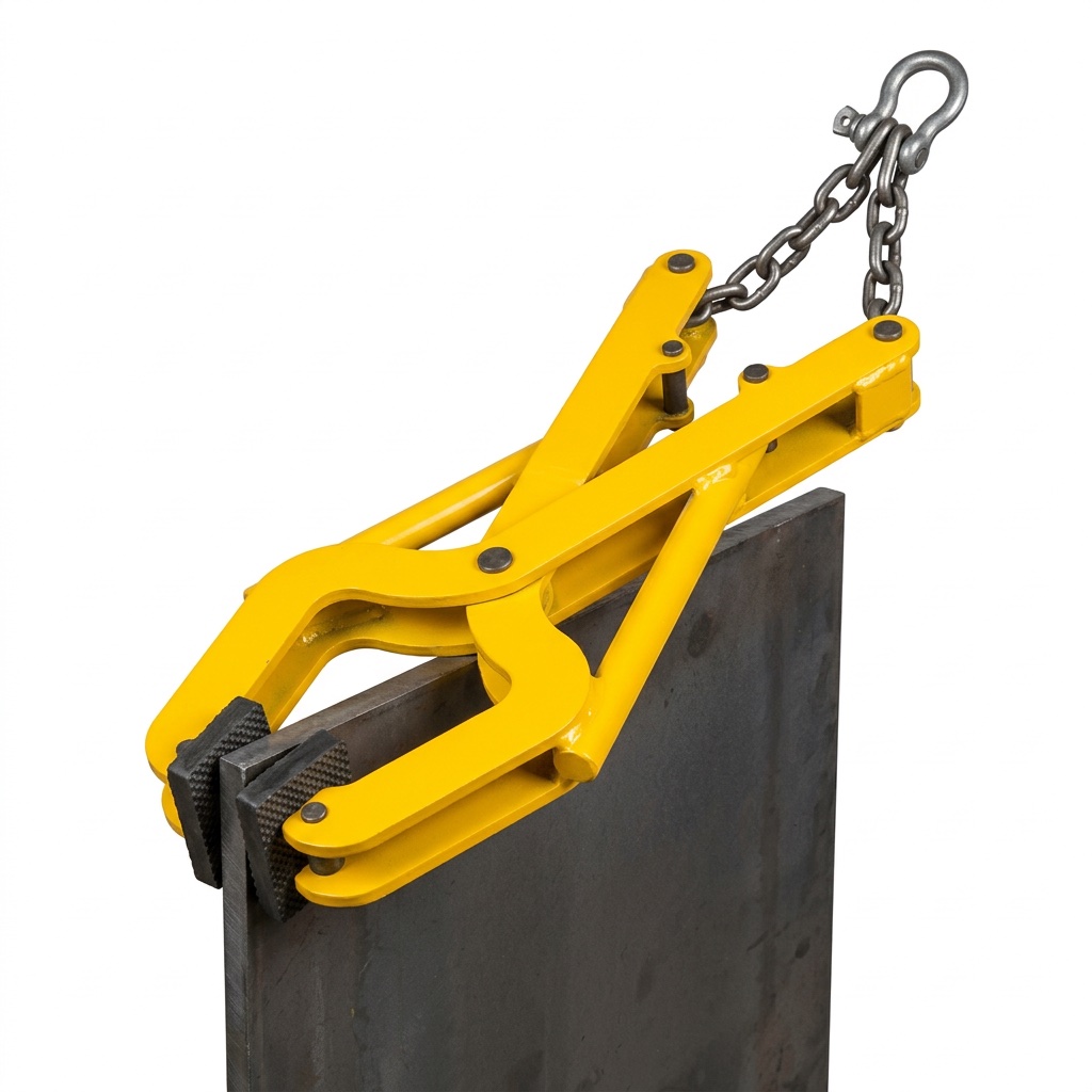 Vertical plate clamp gripping a steel edge