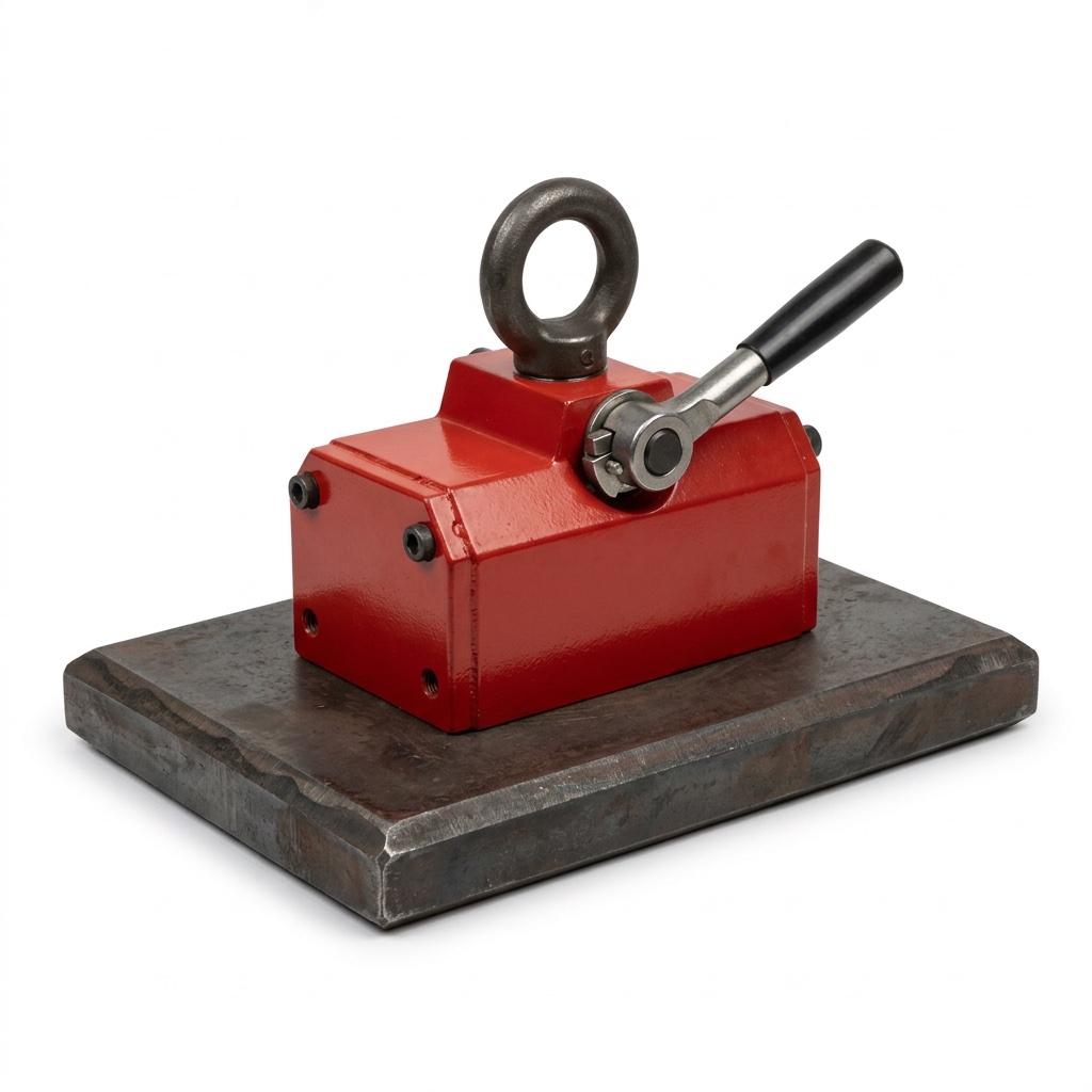 Red permanent lifting magnet on a steel plate