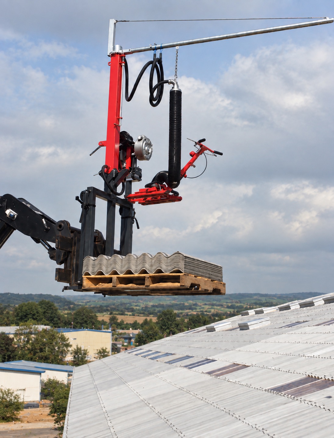 Skarvo Sheets machine on telehandler forks